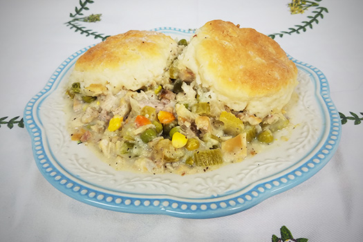 Turkey Pot Pie Topped with Homemade Biscuits